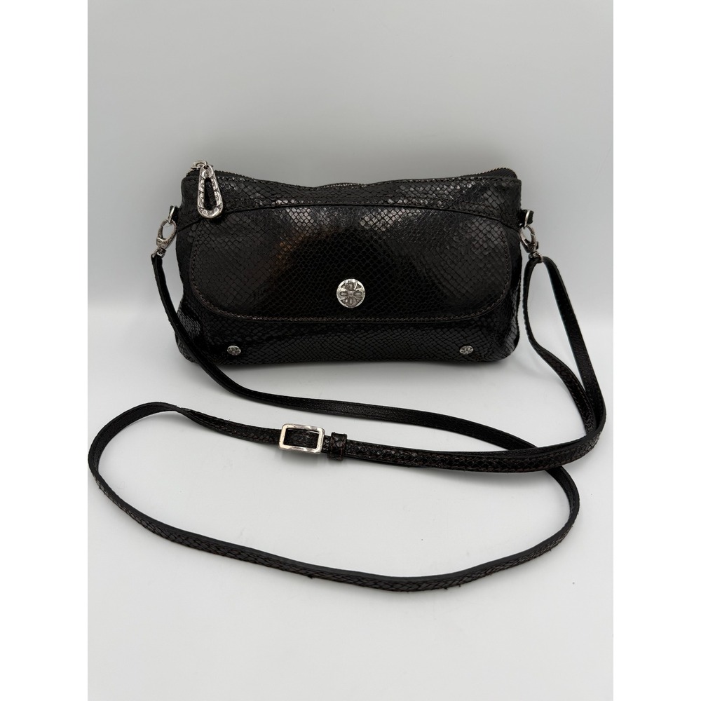 Brighton Women Crossbody Bag Snakeskin Embossed Leather Black Wallet Purse OS